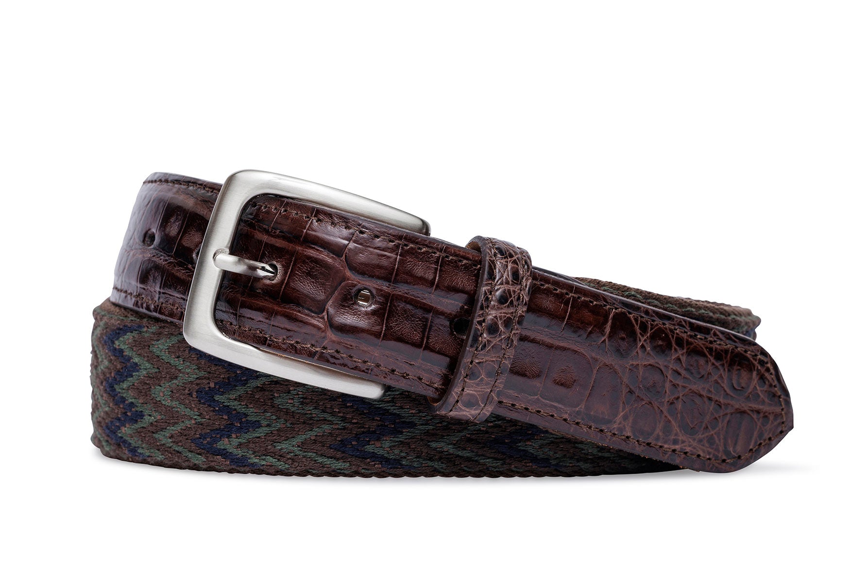 Ethnic Chevron Cotton Weave Belt with Crocodile Tabs and Brushed Nickel Buckle