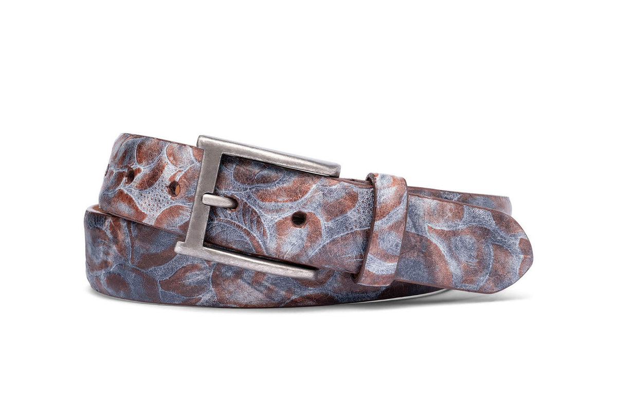 Two-Tone Tooled Calf Belt with Antique Buckle