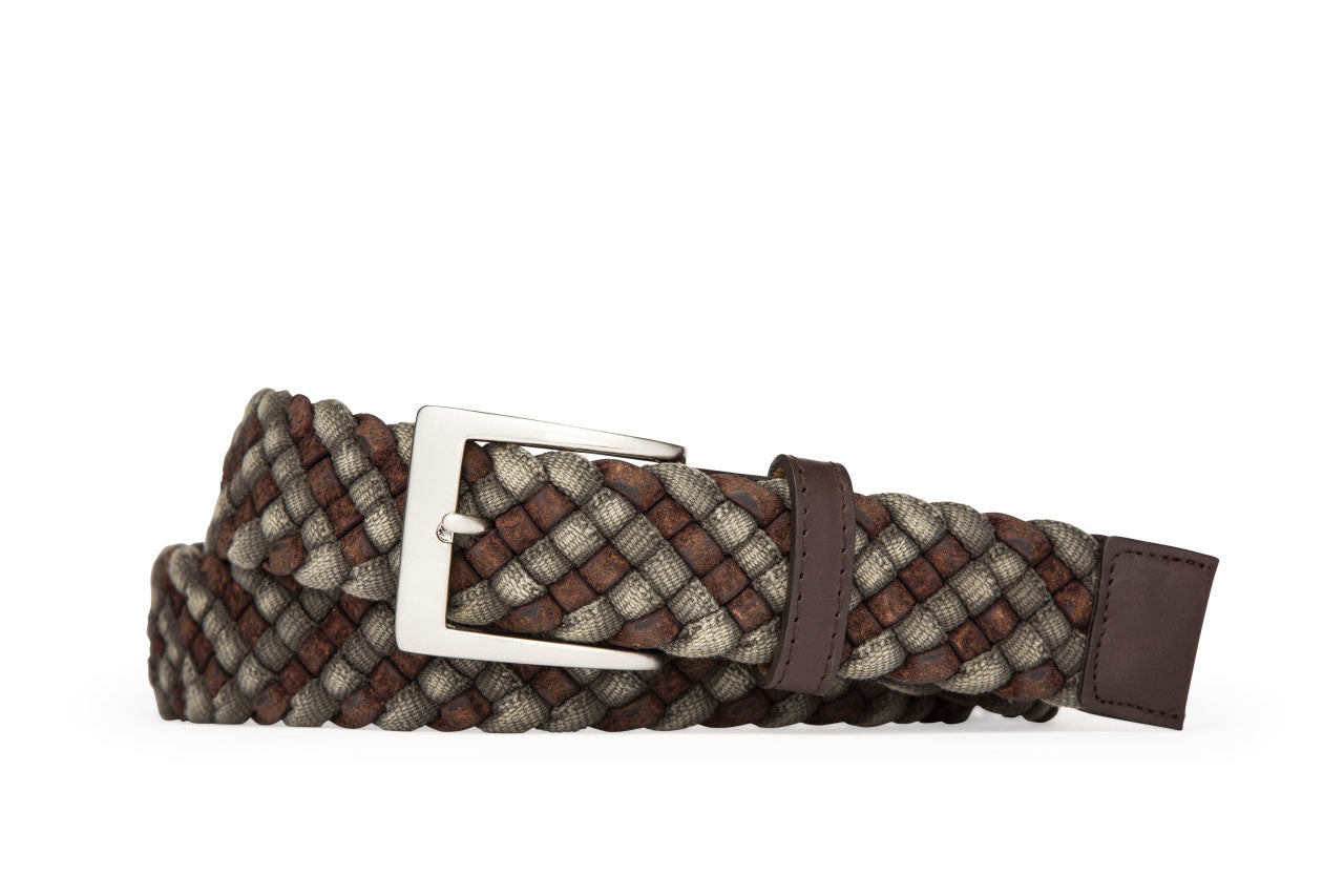 Leather-and-Cloth Braid Belt with Brushed Nickel Buckle - w