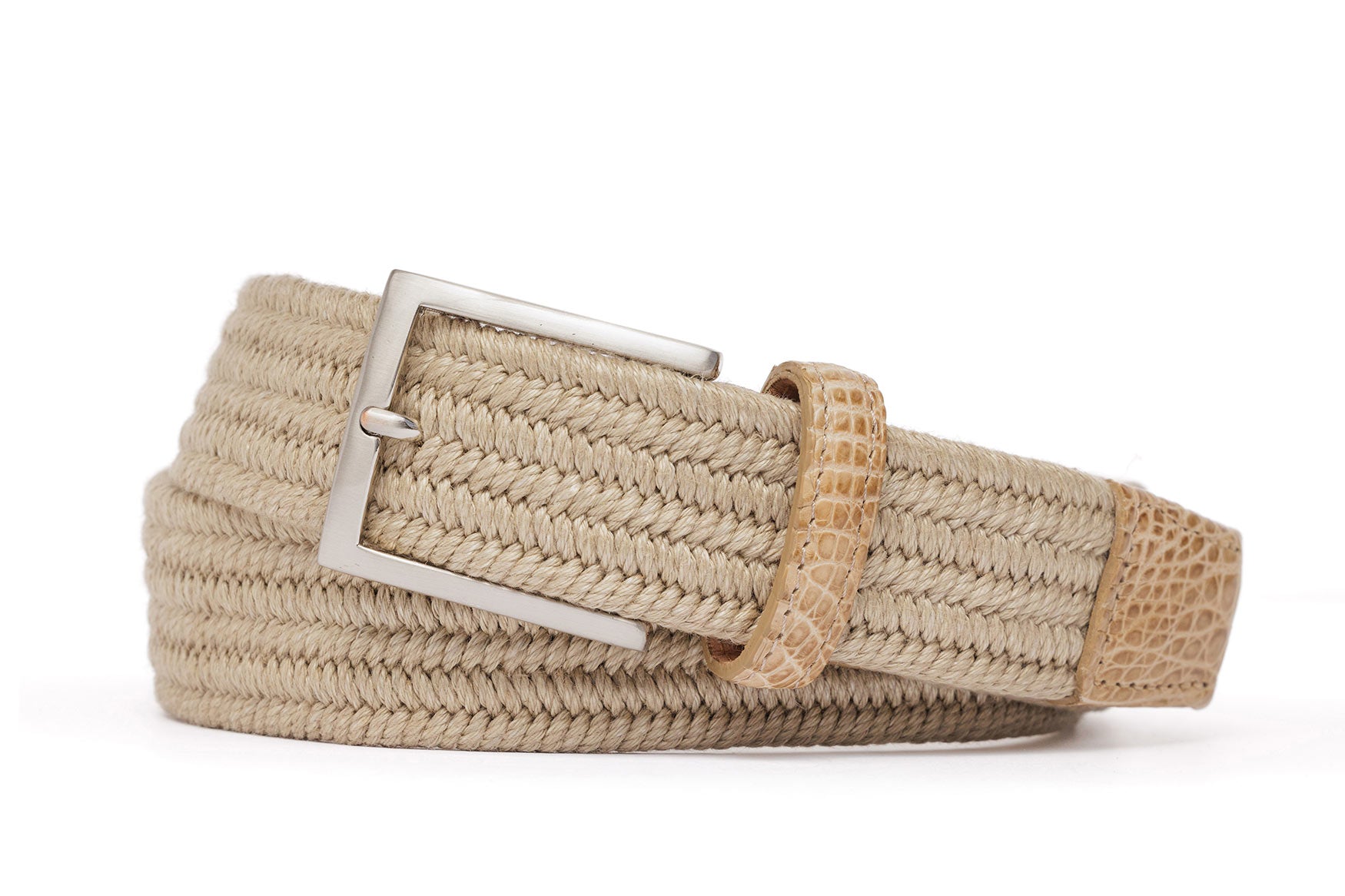 Pure Linen Stretch Belt with Crocodile Tabs and Brushed Nickel Buckle