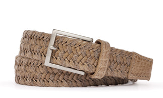 Leather and Straw Belt with Crocodile Tabs and Brushed Nickel Buckle