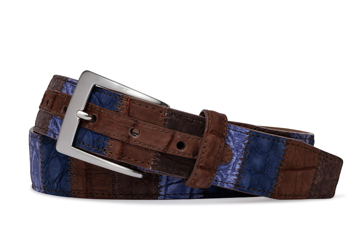 Vertical Patchwork Matte Alligator Belt with Brushed Nickel Buckle