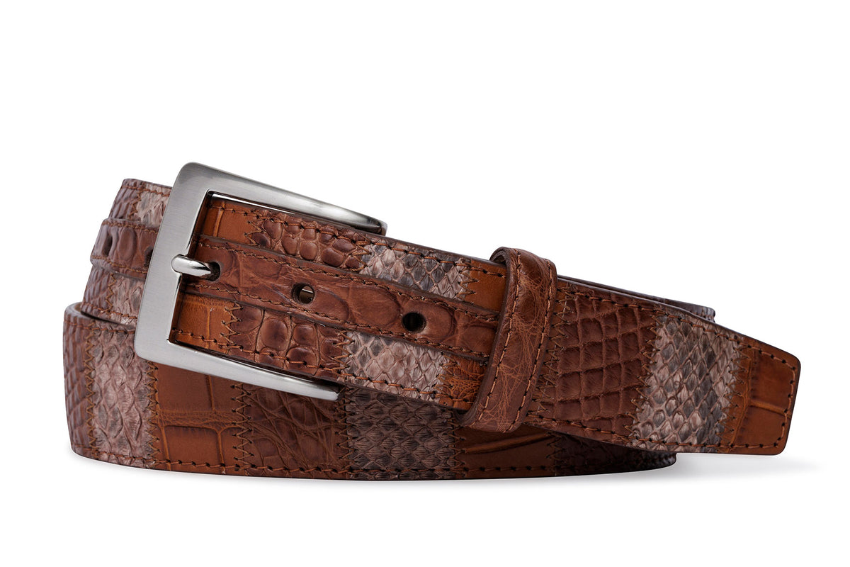 Vertical Patchwork Matte Alligator Belt with Brushed Nickel Buckle