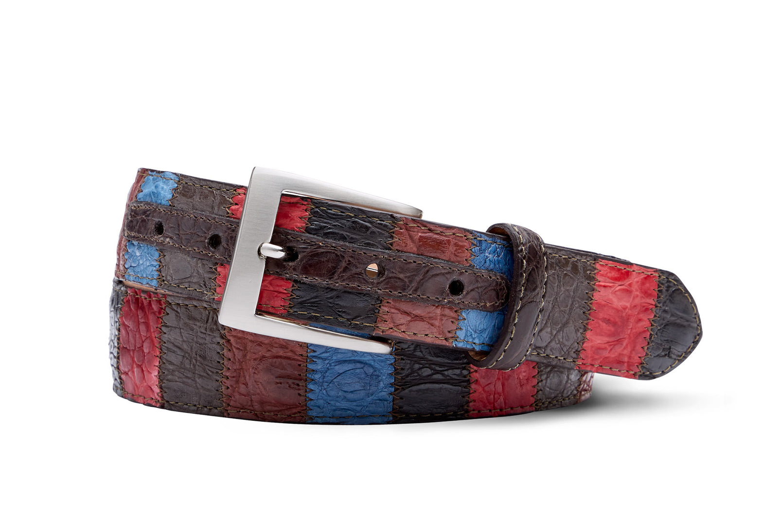 Vertical Patchwork Matte Alligator Belt with Brushed Nickel Buckle