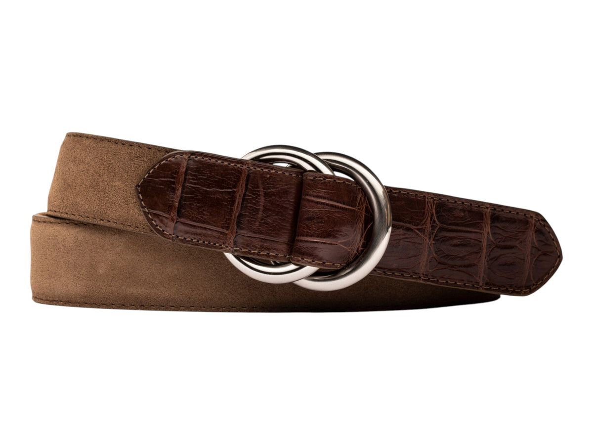 Suede and Caiman Crocodile Belt with O-ring Buckles - Whiskey