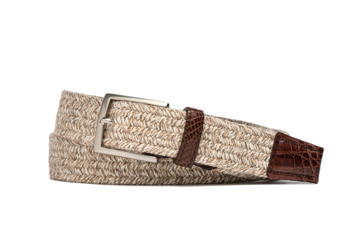 Creme Stretch Belt with Croc Tabs and Brushed Nickel Buckle