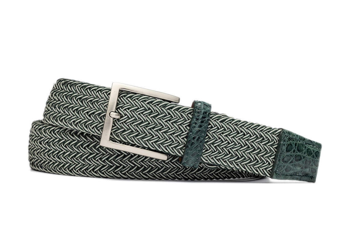 Green Stripe Stretch Belt with Croc Tabs and Brushed Nickel Buckle