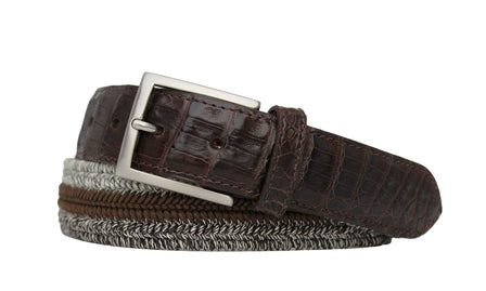 Brown Triple Stretch Belt with Long Croc Tabs and Brushed Nickel Buckle