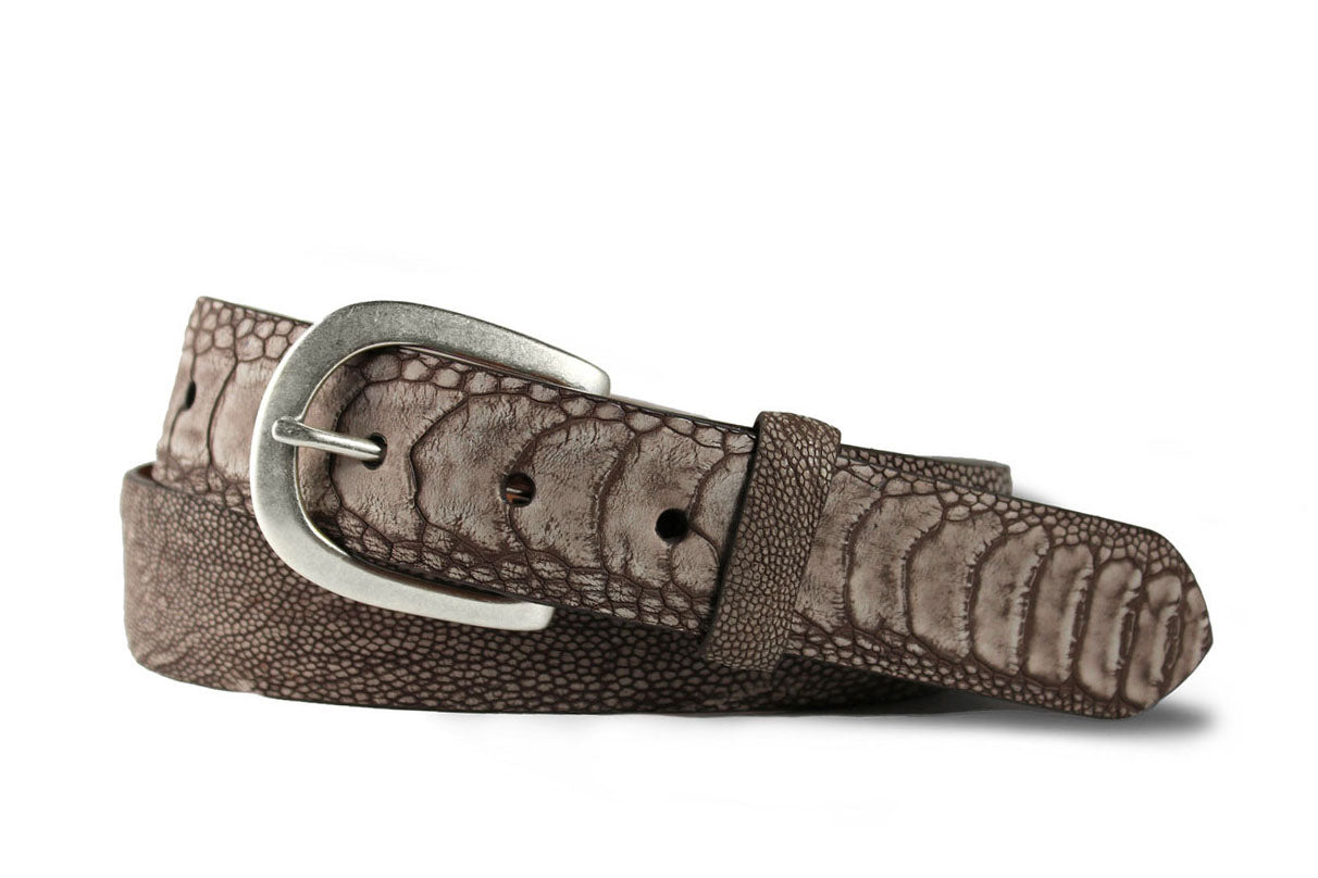 Washed Ostrich Leg Belt with Antique Nickel Buckle - w.kleinberg