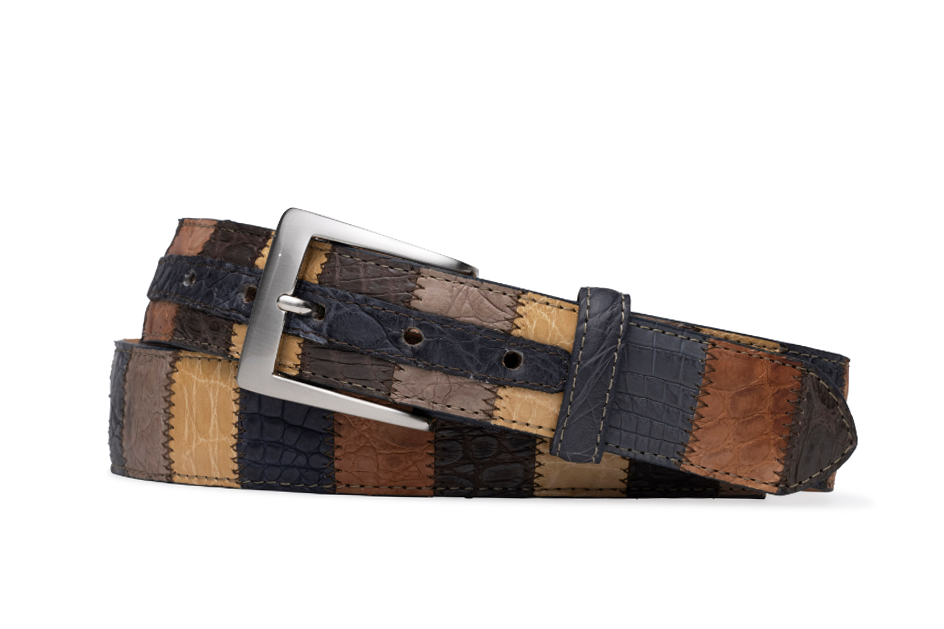 Classic leather belt with hatched effect golden H buckle - Alligator  (black, navy blue, blue)