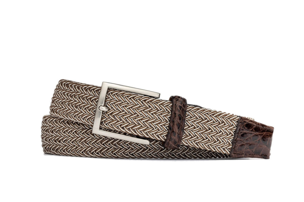 1 3/8" Brown Stripe Stretch Belt with genuine crocodile tabs and brushed nickel buckle w.kleinberg