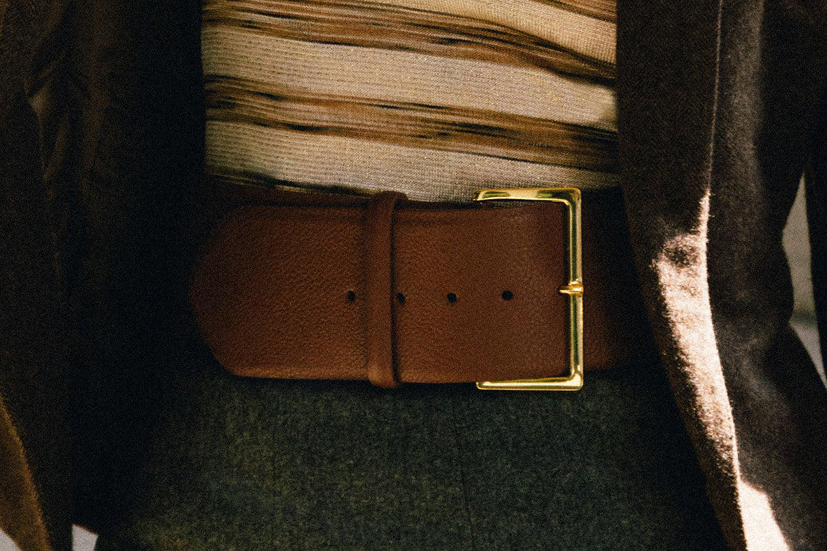 Wide Pebbled Calf Belt with Gold Buckle