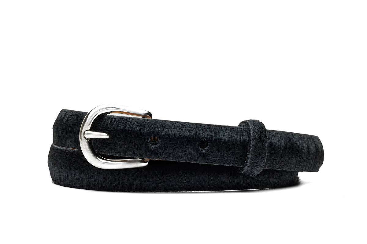 Skinny Calf Hair Belt with Nickel Buckle