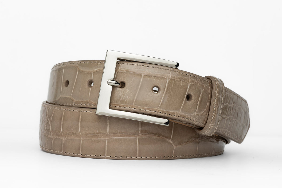 1-3/8" Glazed American Alligator Belt with Nickel and Gold Buckles