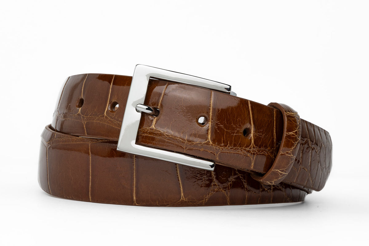 1-3/8" Glazed American Alligator Belt with Nickel and Gold Buckles