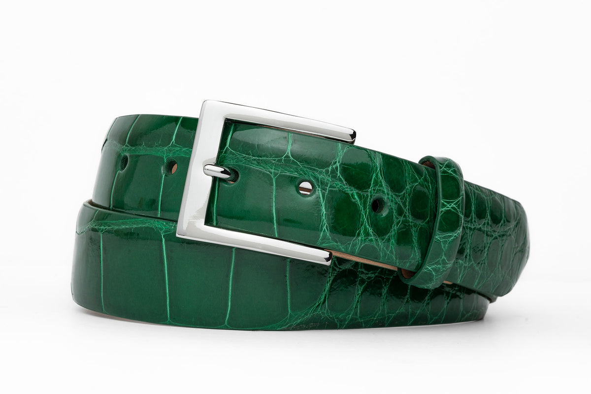 1-3/8" Glazed American Alligator Belt with Nickel and Gold Buckles