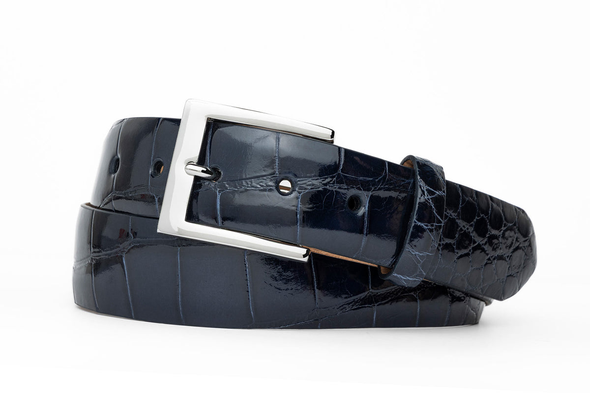 1-3/8" Glazed American Alligator Belt with Nickel and Gold Buckles