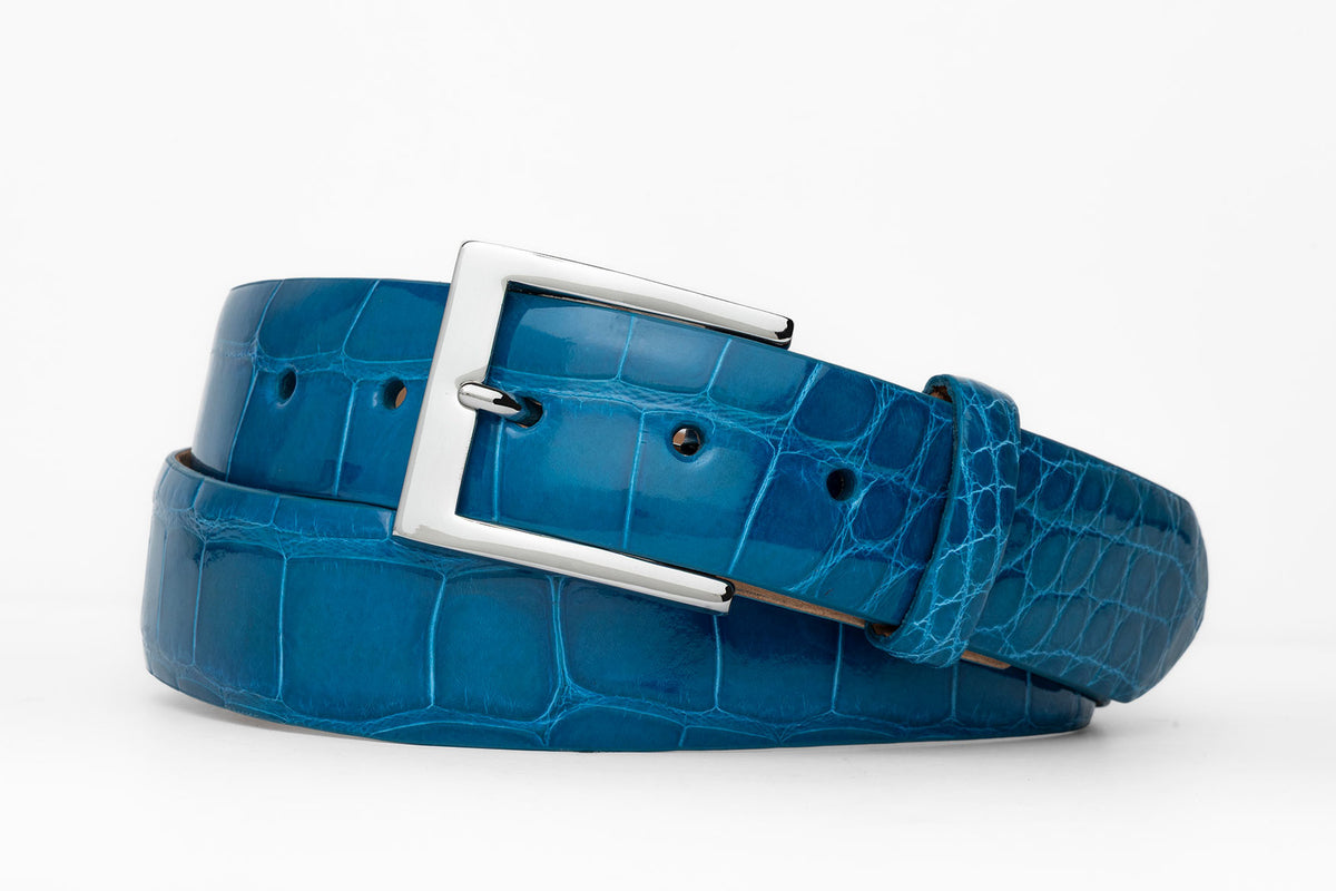 1-3/8" Glazed American Alligator Belt with Nickel and Gold Buckles