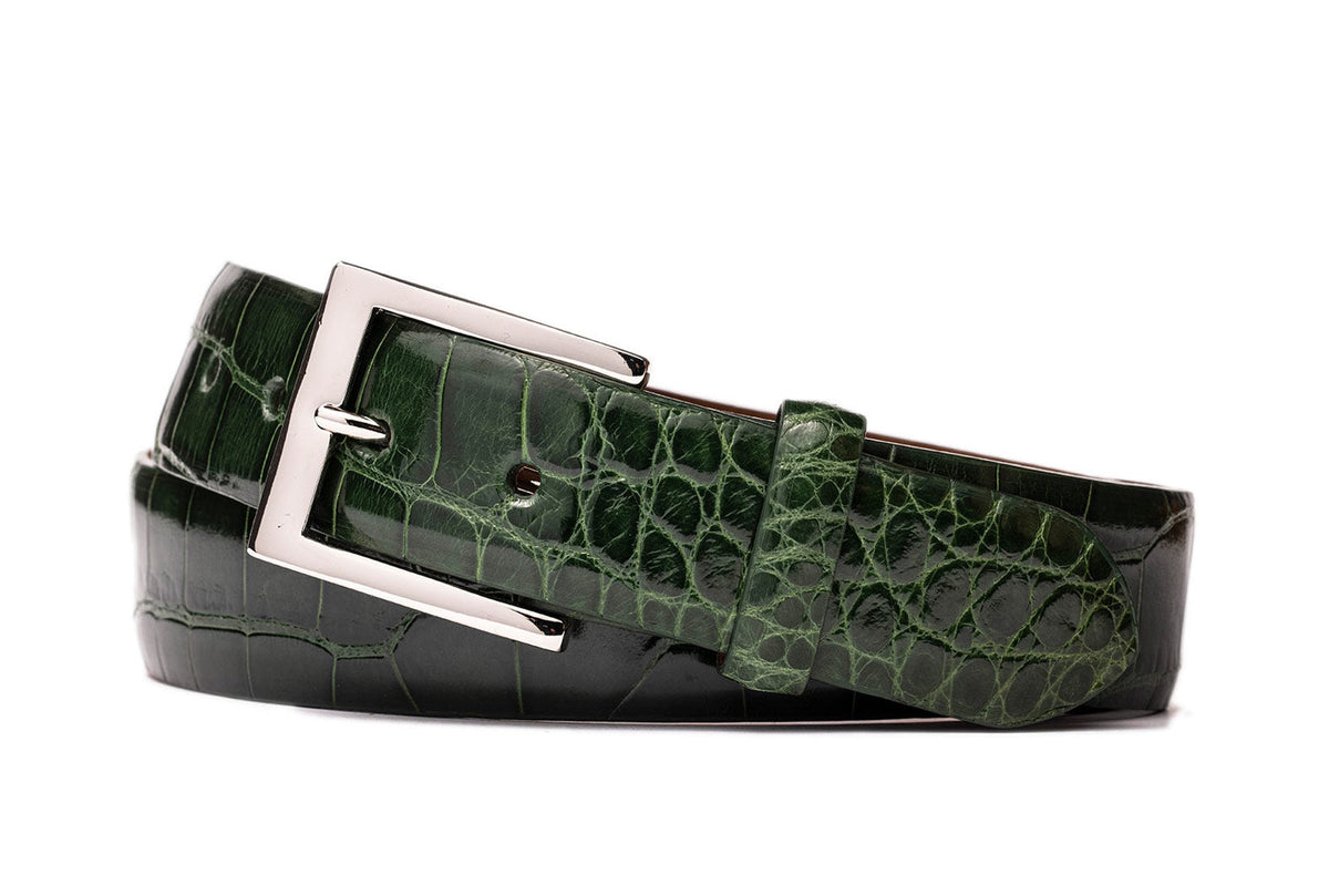 1-3/8" Glazed American Alligator Belt with Nickel and Gold Buckles