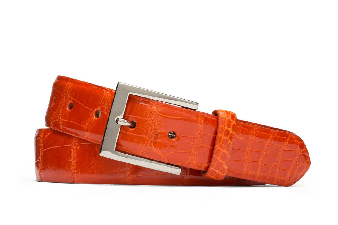 1-3/8" Glazed American Alligator Belt with Nickel and Gold Buckles