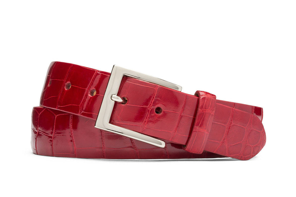 1-3/8" Glazed American Alligator Belt with Nickel and Gold Buckles