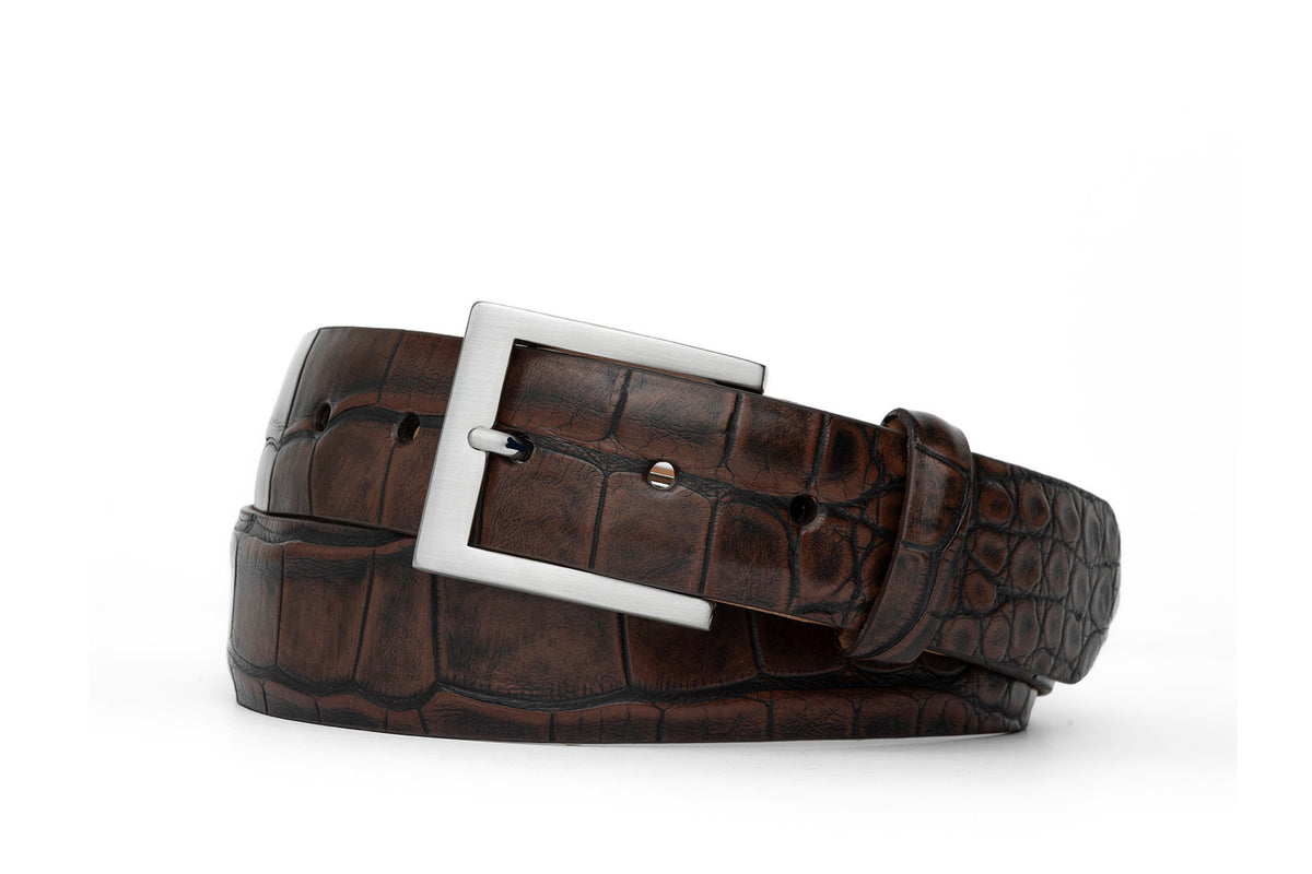 1-3/8" Matte American Alligator Belt with Brushed Nickel and Gold Buckles