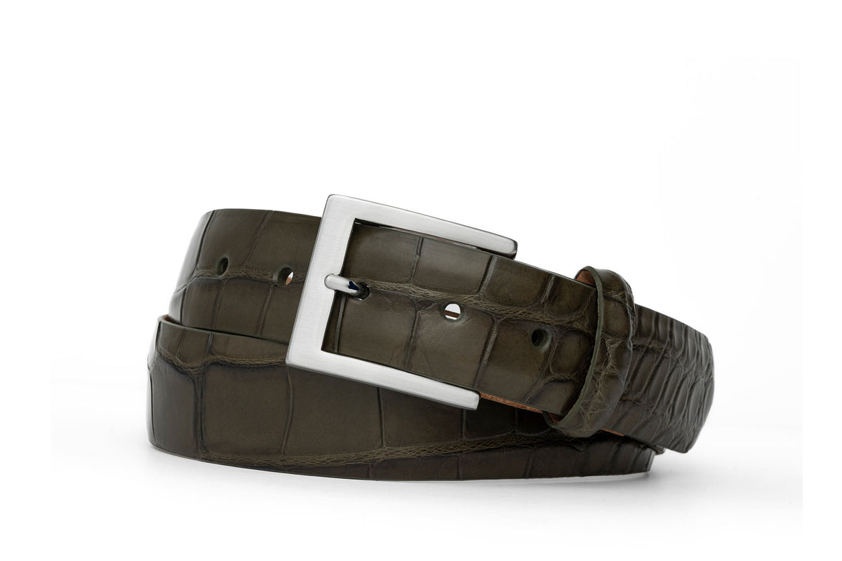 1-3/8" Matte American Alligator Belt with Brushed Nickel and Gold Buckles