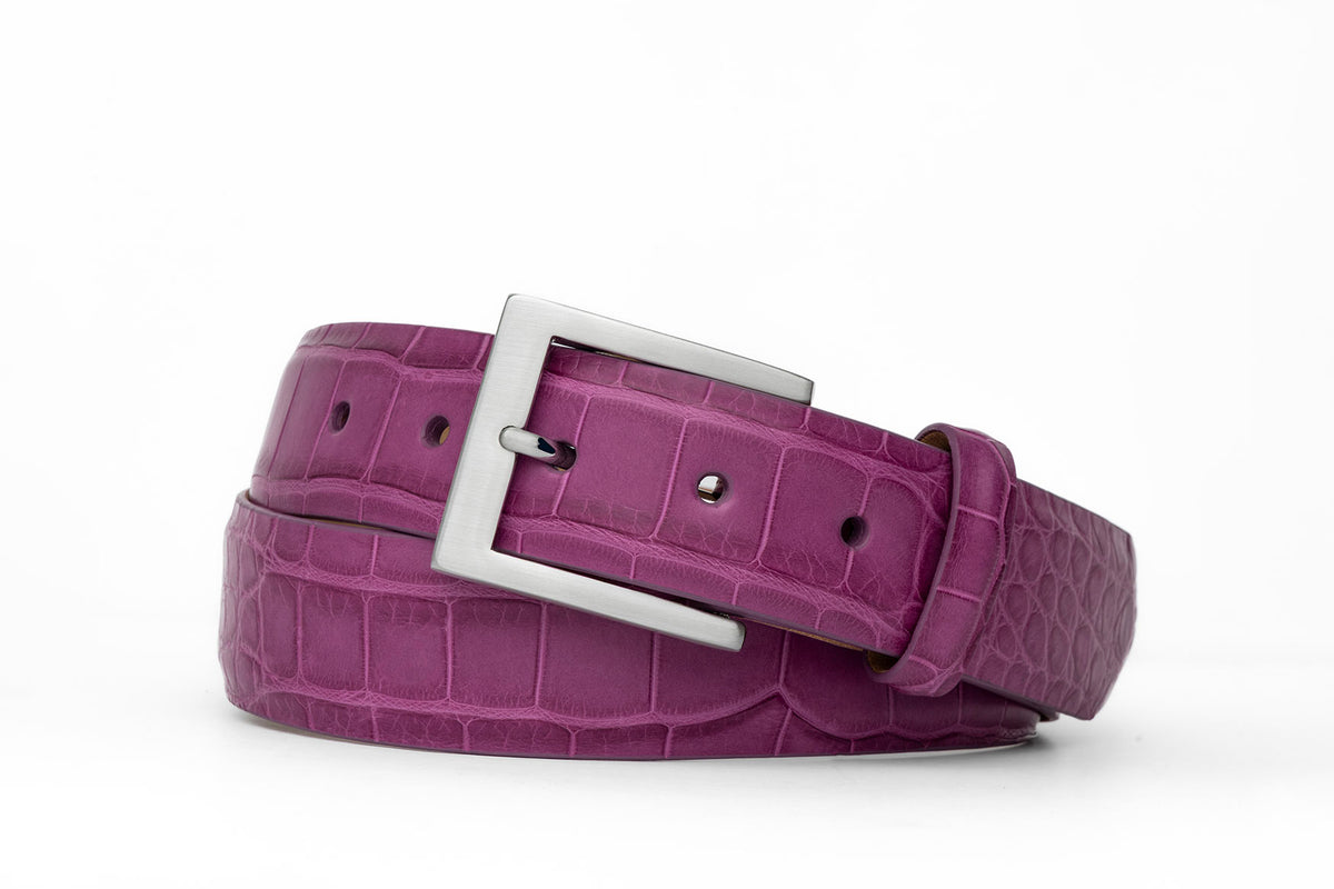 1-3/8" Matte American Alligator Belt with Brushed Nickel and Gold Buckles