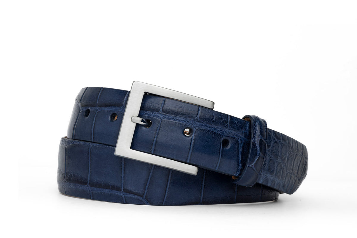 1-3/8" Matte American Alligator Belt with Brushed Nickel and Gold Buckles