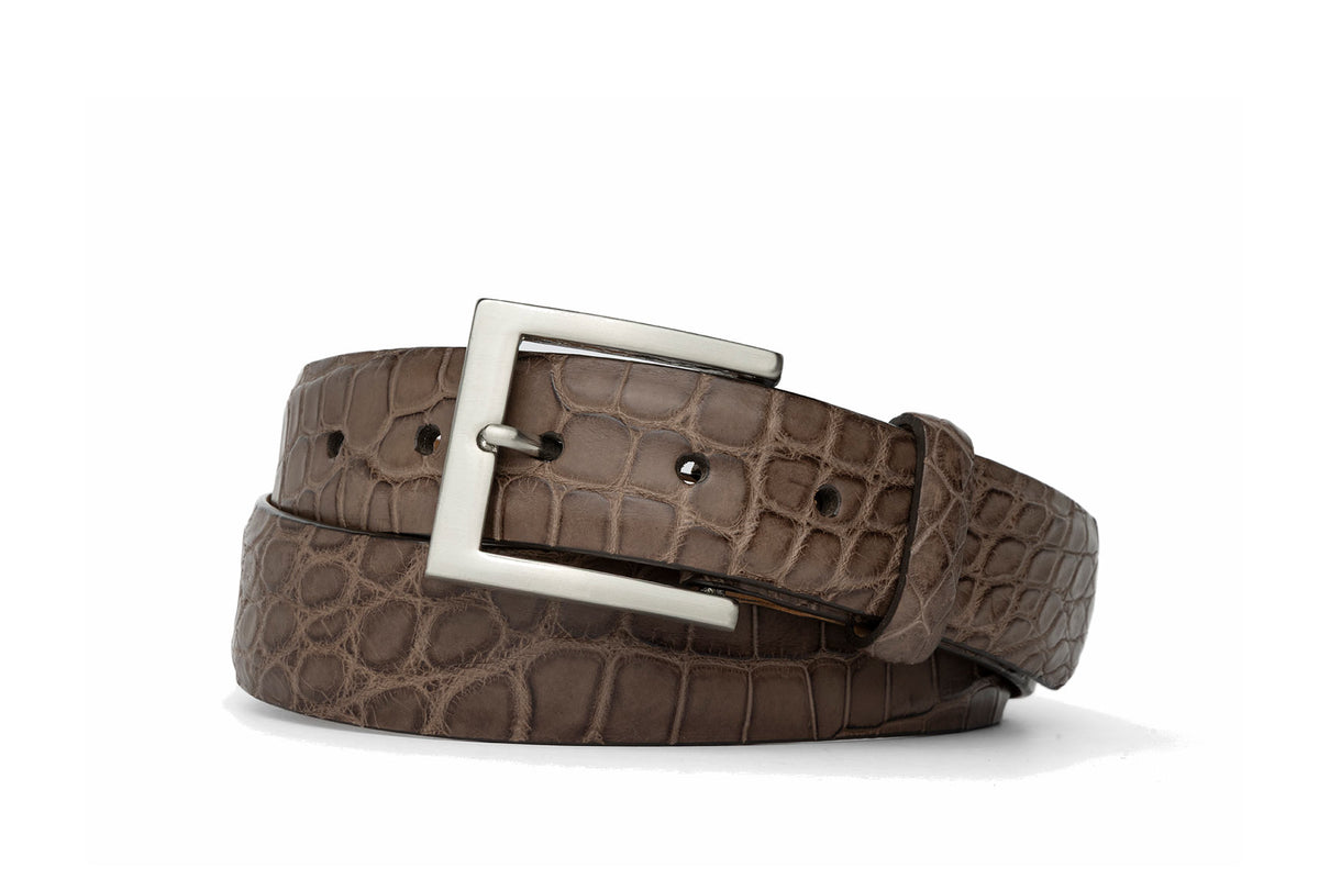 1-3/8" Matte American Alligator Belt with Brushed Nickel and Gold Buckles