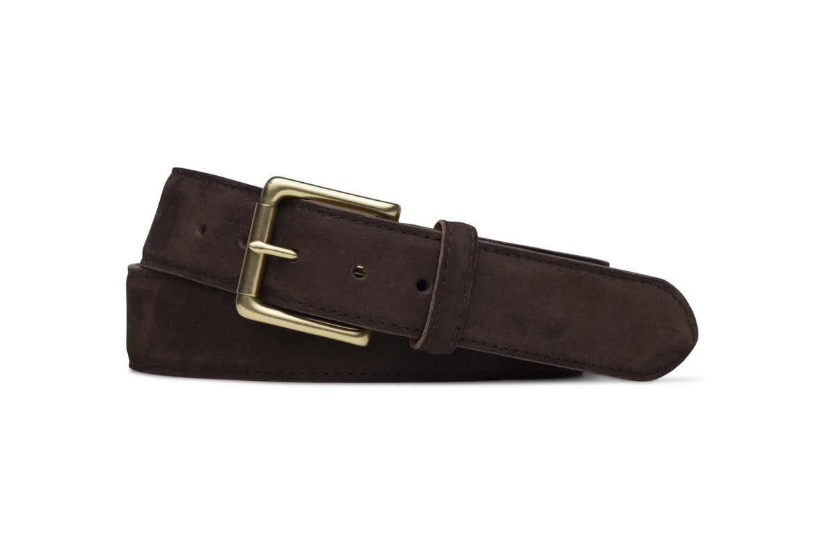 Nubuck Belt with Natural Brass Roller Buckle - Coffee