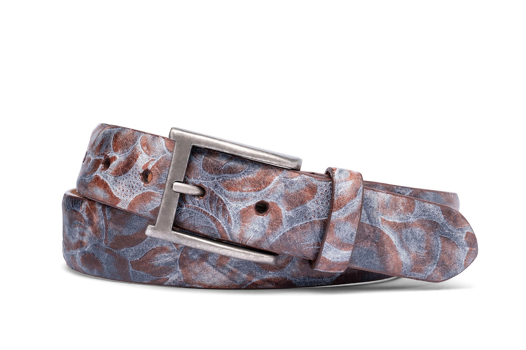 Two-Tone Tooled Calf Belt with Antique Buckle