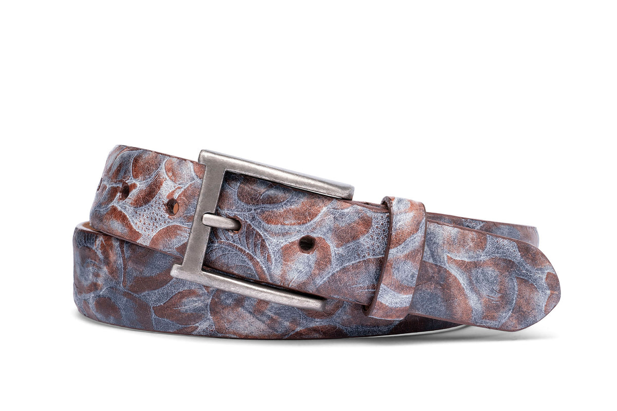 Two-Tone Tooled Calf Belt with Antique Buckle