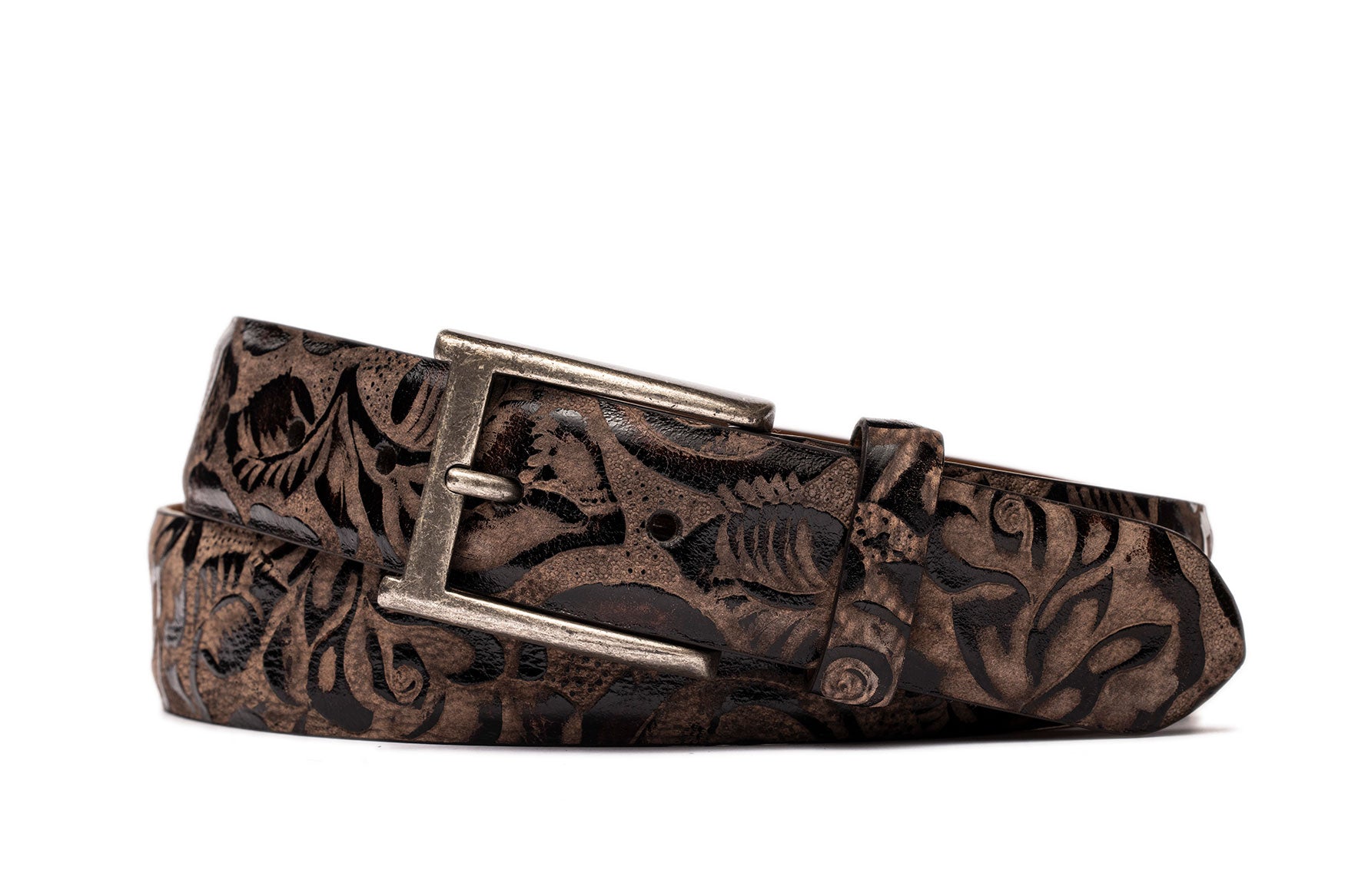Two-Tone Tooled Calf Belt with Antique Buckle