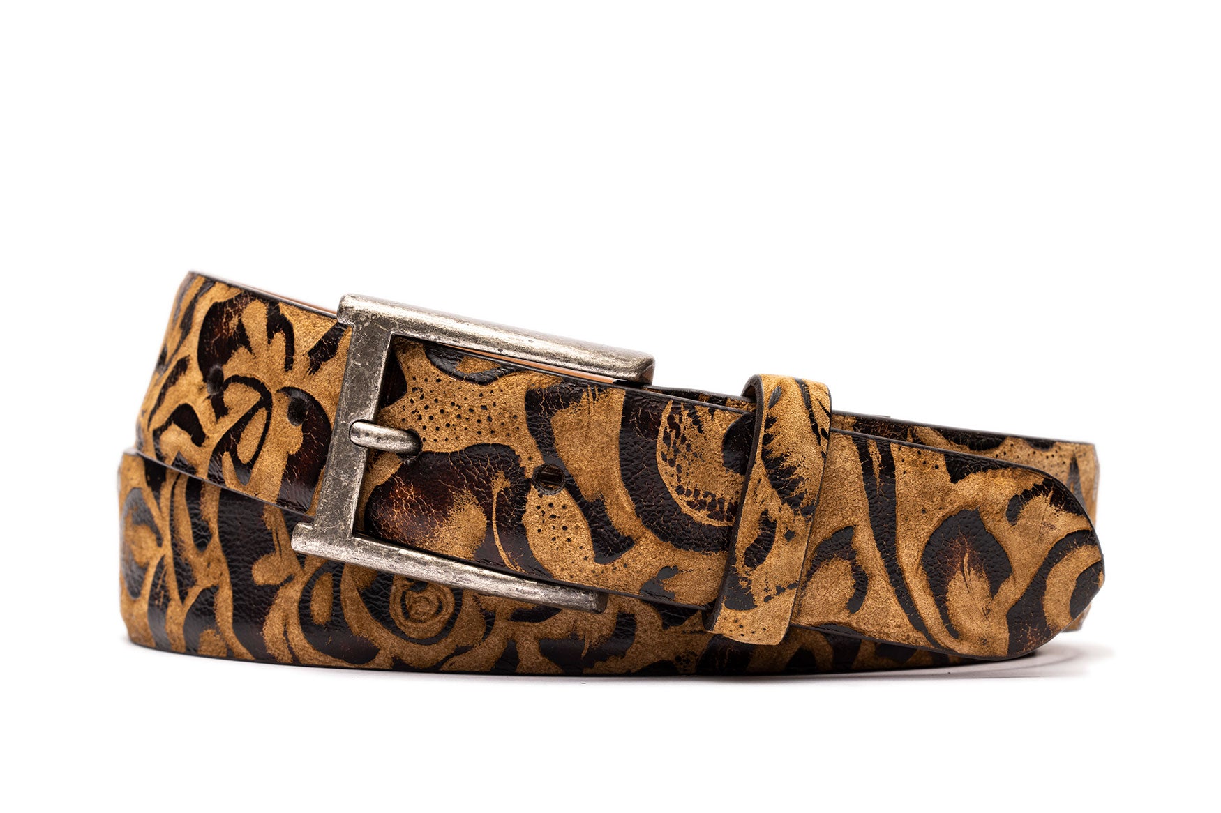 Two-Tone Tooled Calf Belt with Antique Buckle