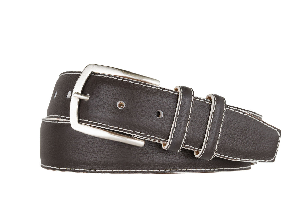 Contrast Pebbled Calf Belt with Nickel Buckle