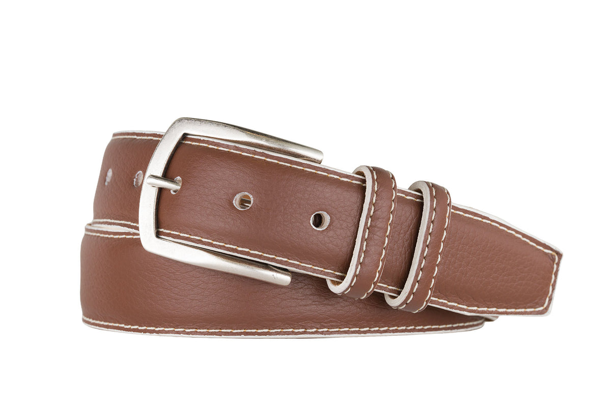 Contrast Pebbled Calf Belt with Nickel Buckle