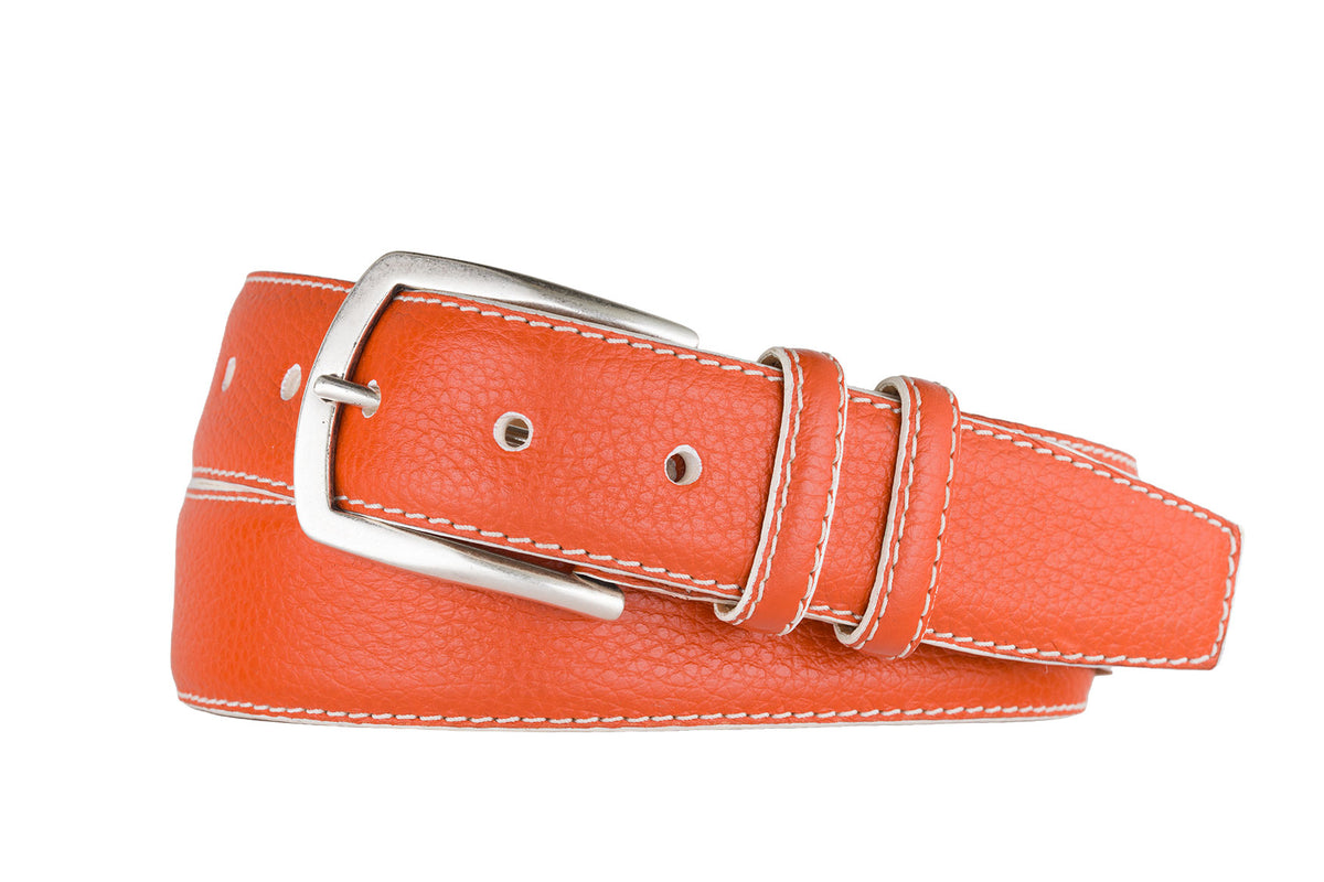 Contrast Pebbled Calf Belt with Nickel Buckle