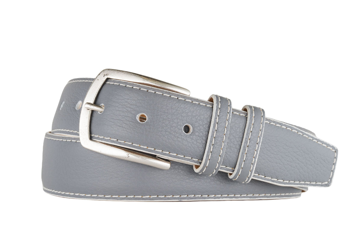 Contrast Pebbled Calf Belt with Nickel Buckle