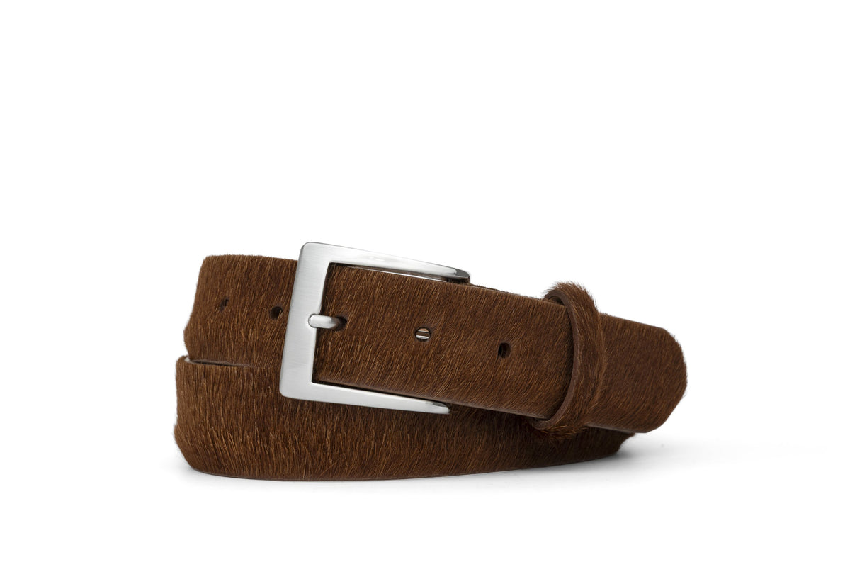 Calf Hair Belt with Brushed Nickel Buckle - Cognac