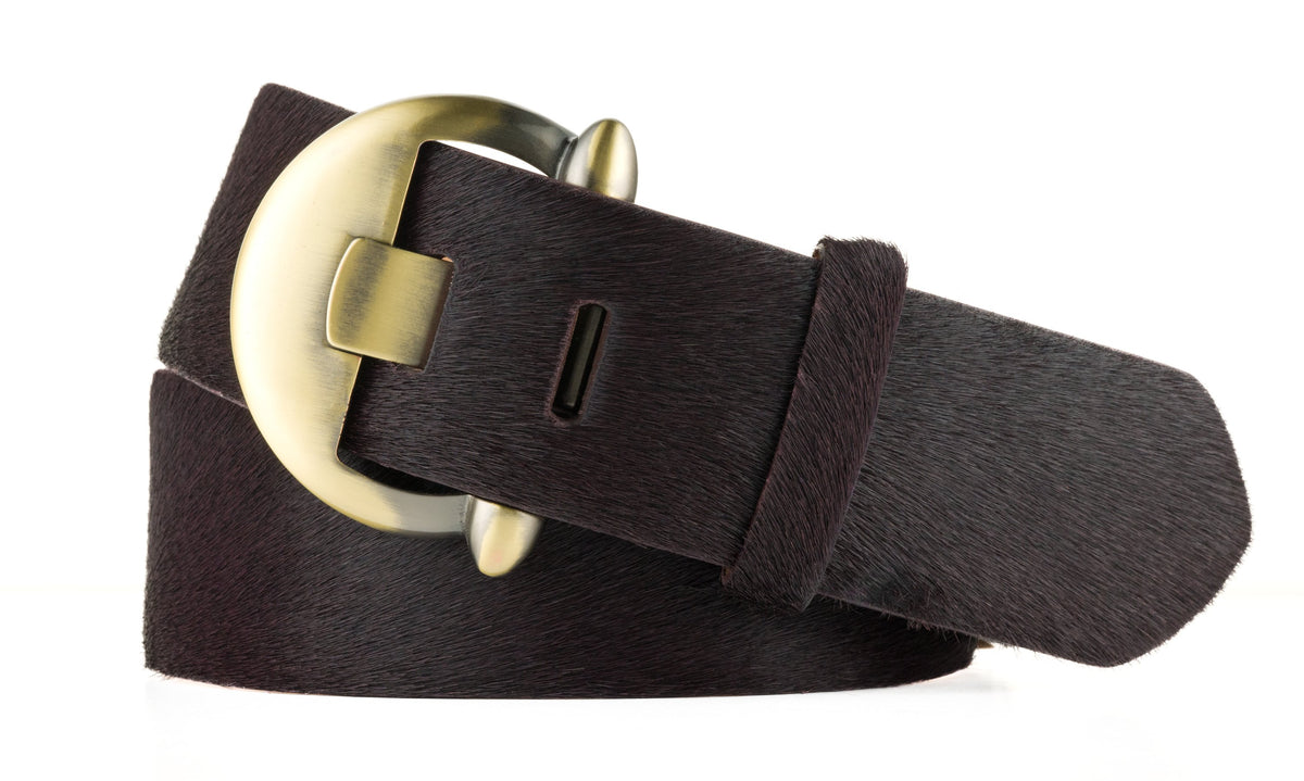 Wide Calf Hair Belt with Brass Buckle - Chocolate