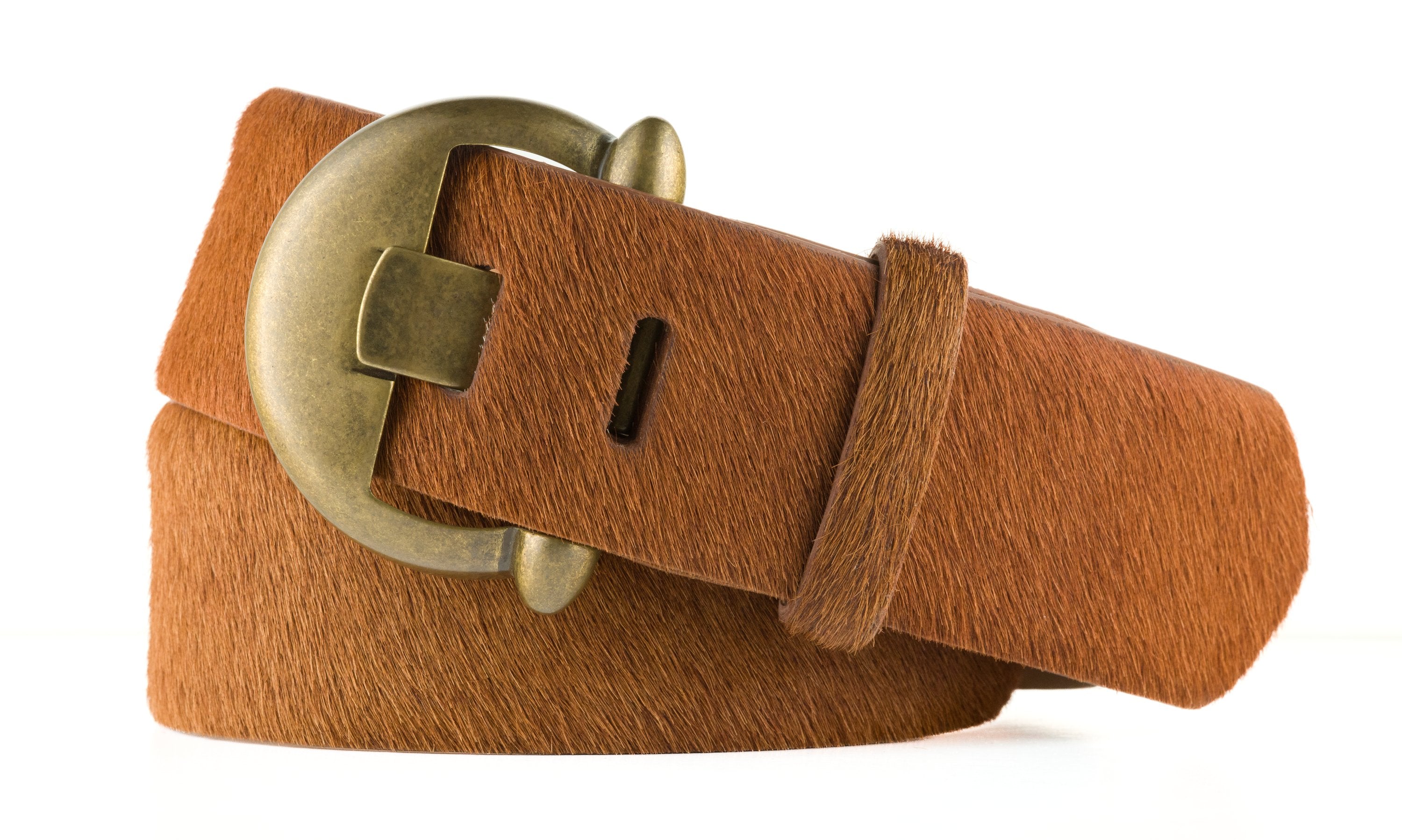 Wide Calf Hair Belt with Brass Buckle - Cognac