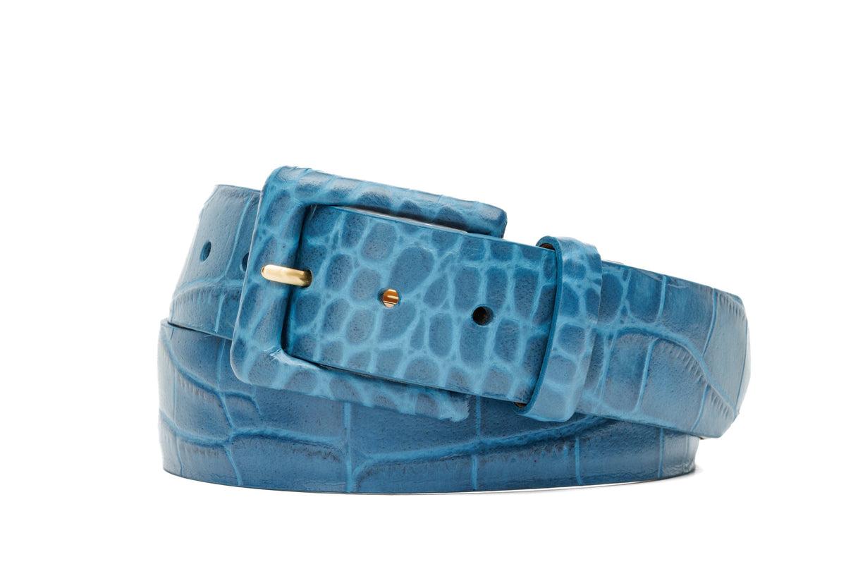Embossed Crocodile Belt with Covered Buckle - Blue