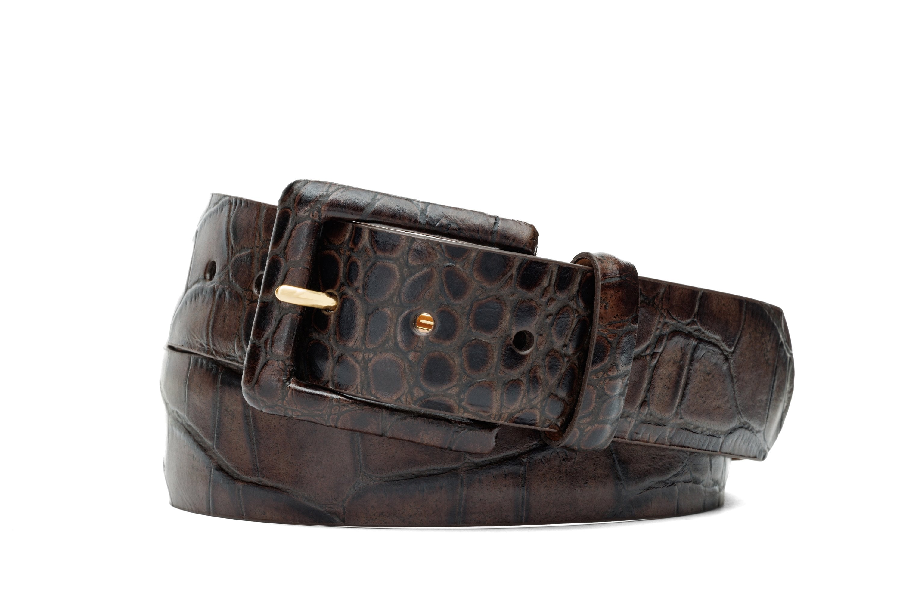 Embossed Crocodile Belt with Covered Buckle - Chocolate