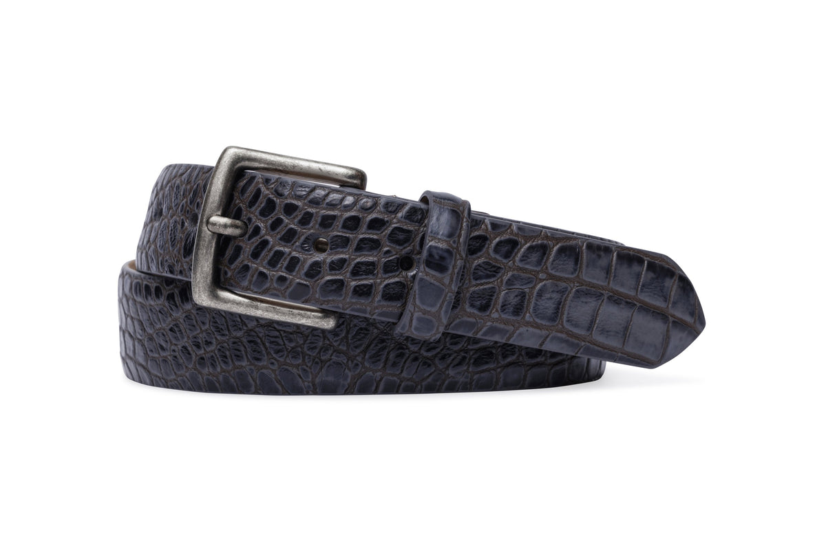 Two-Toned Embossed Crocodile Belt with Antique Silver Buckle - Indigo/Tan