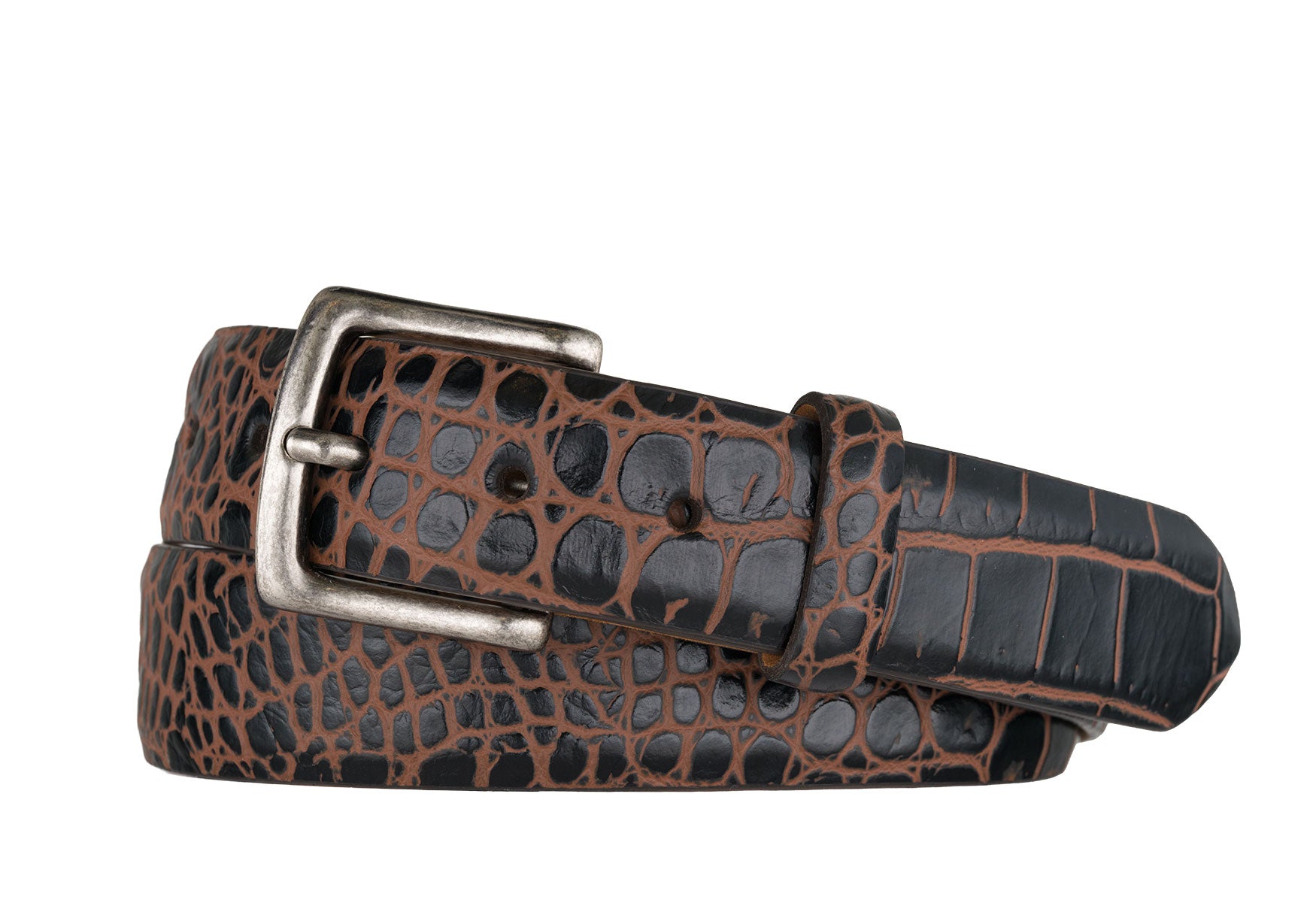 Two-Toned Embossed Crocodile Belt with Antique Silver Buckle