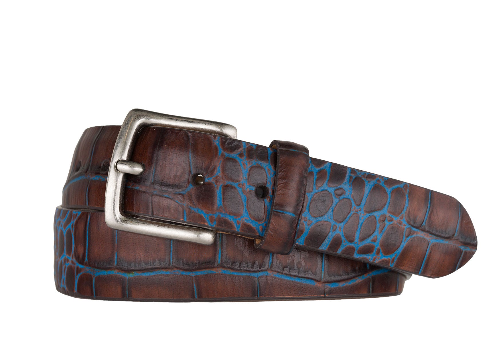 Two-Toned Embossed Crocodile Belt with Antique Silver Buckle