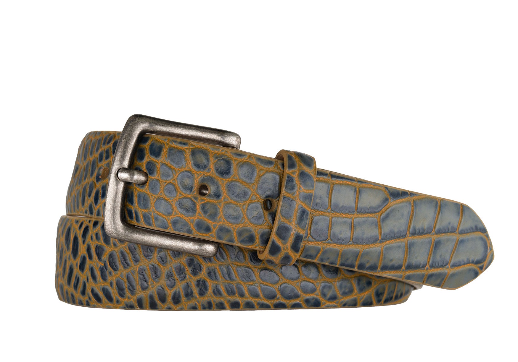 Two-Toned Embossed Crocodile Belt with Antique Silver Buckle