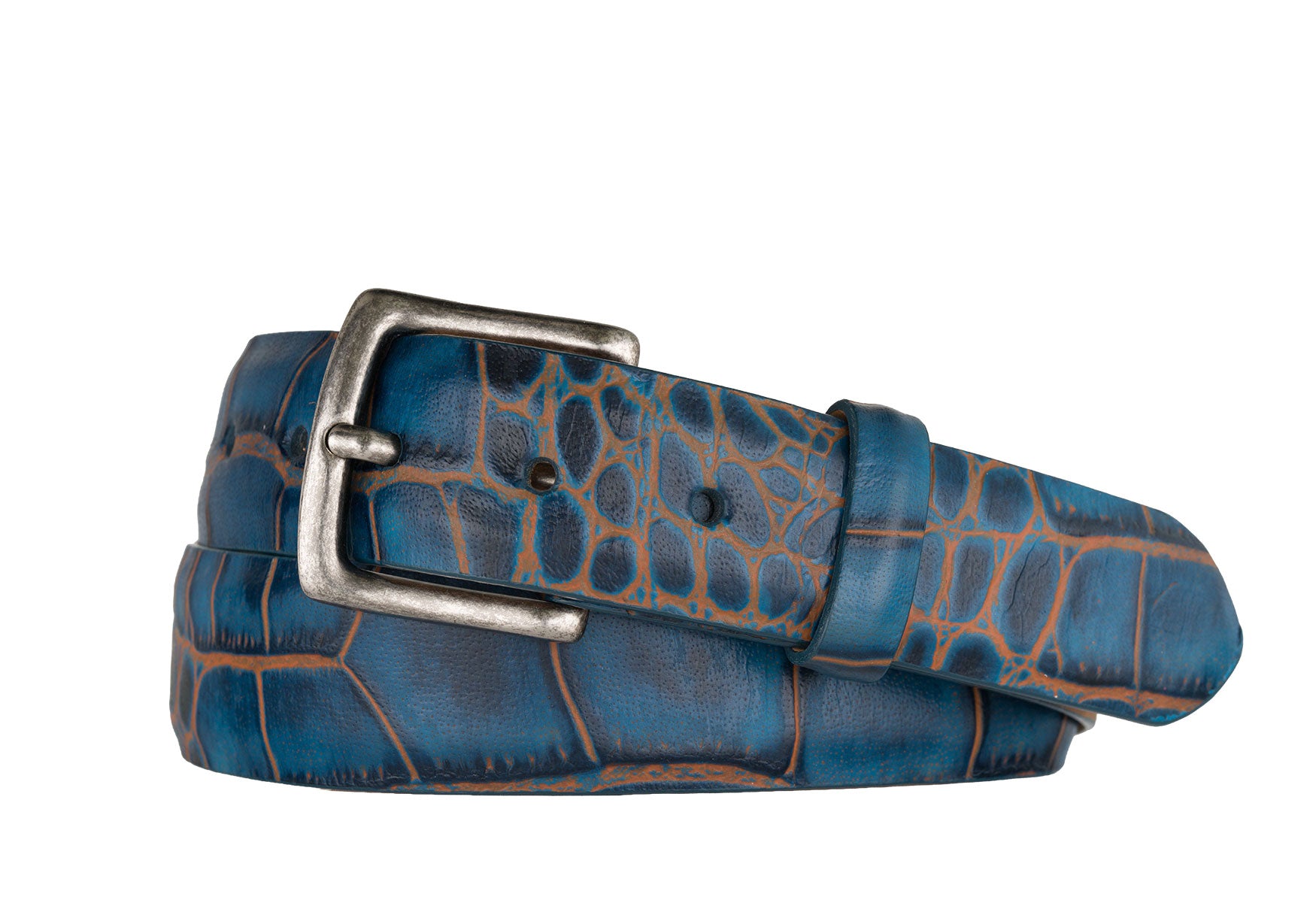 Two-Toned Embossed Crocodile Belt with Antique Silver Buckle