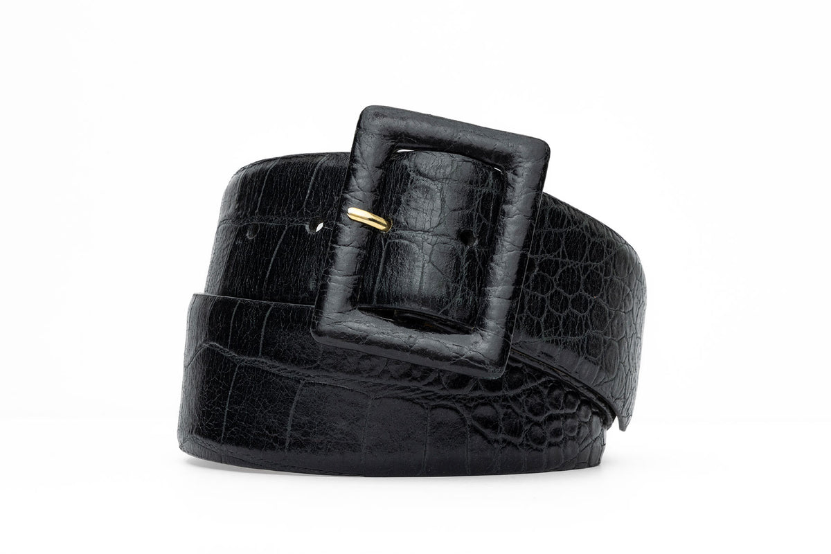 Wide Embossed Crocodile Belt with Covered Buckle